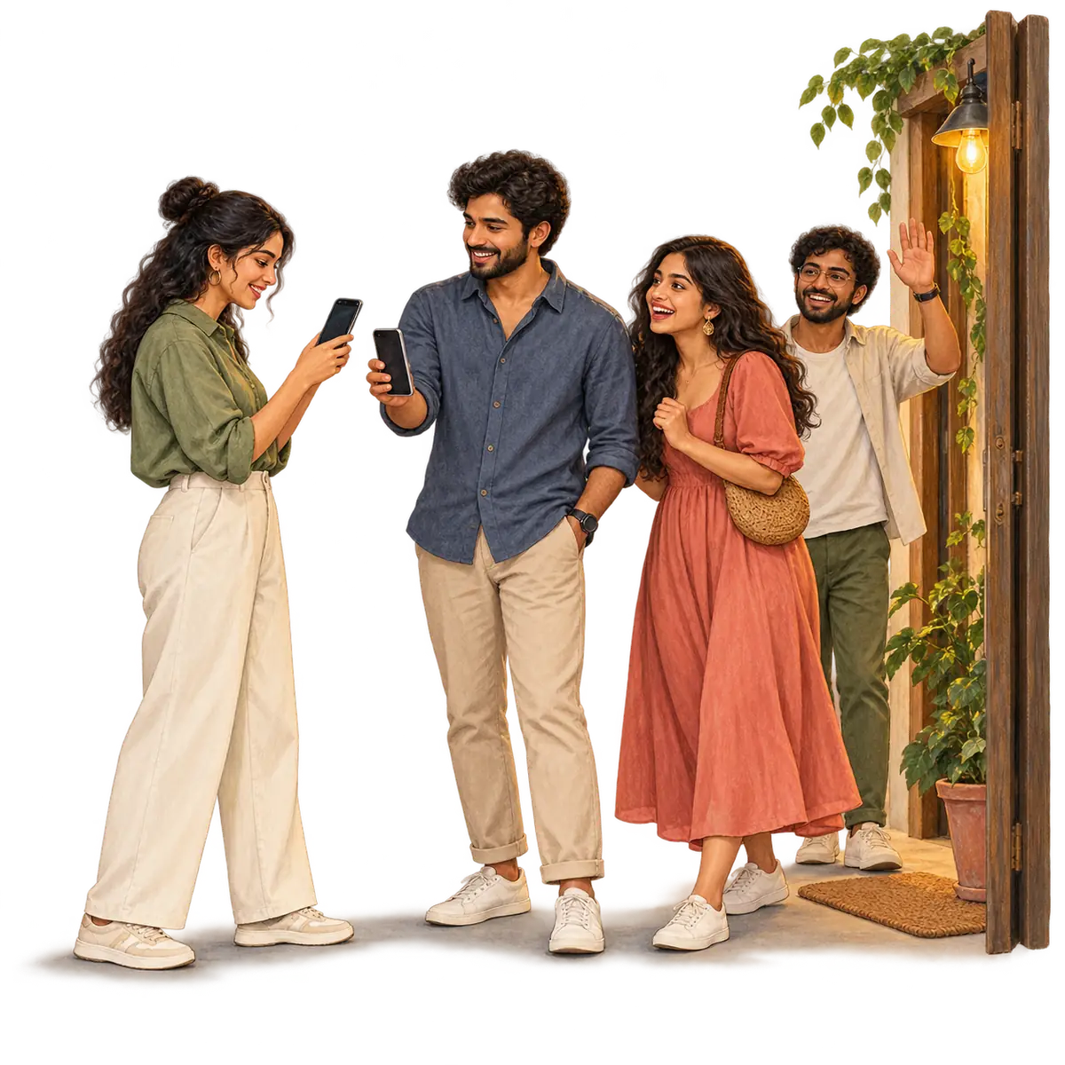 Illustration of friends arriving at a party, checking their phones, the host waving from the door