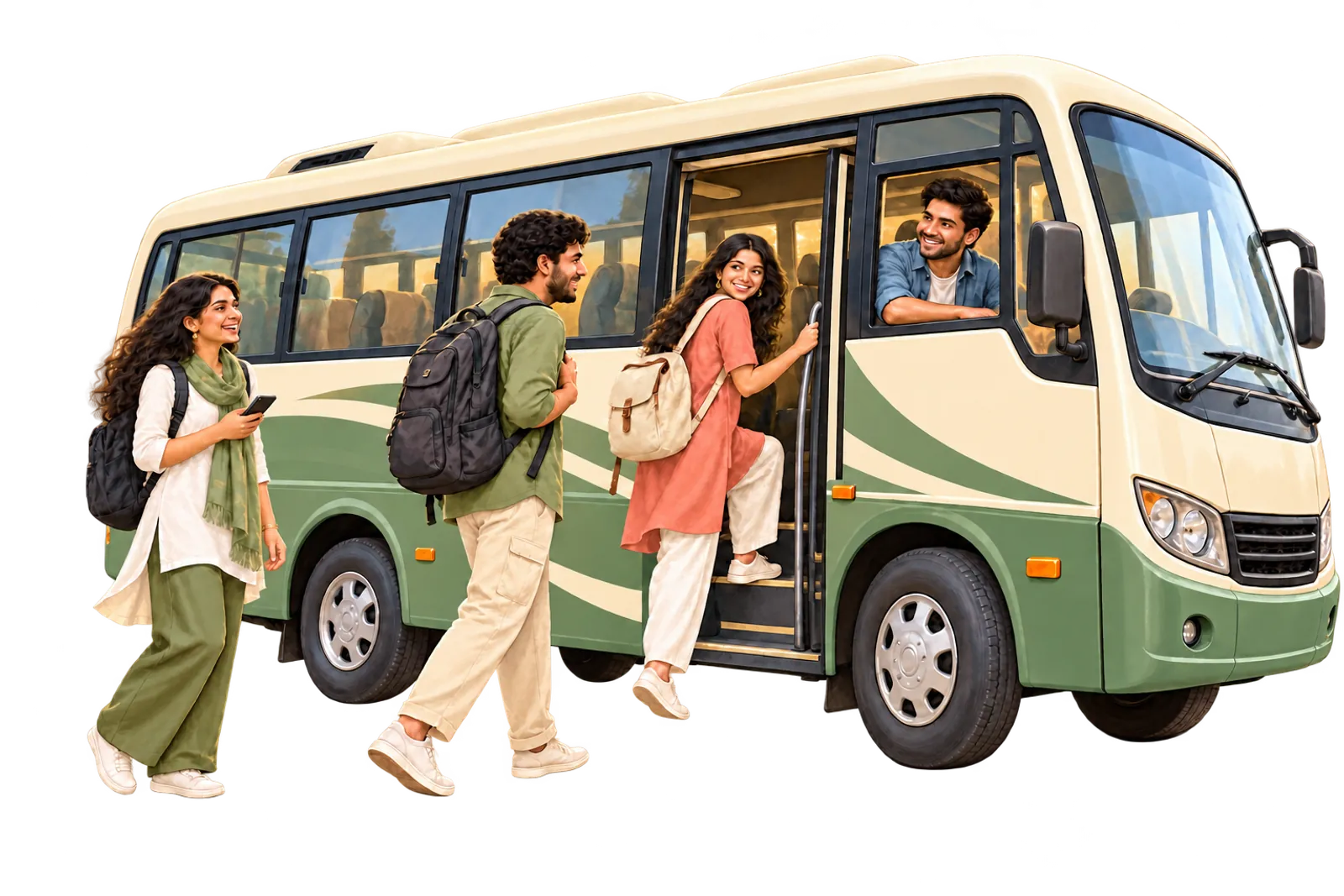 Illustration of young travellers with backpacks boarding a mini-bus, the host smiling from the window